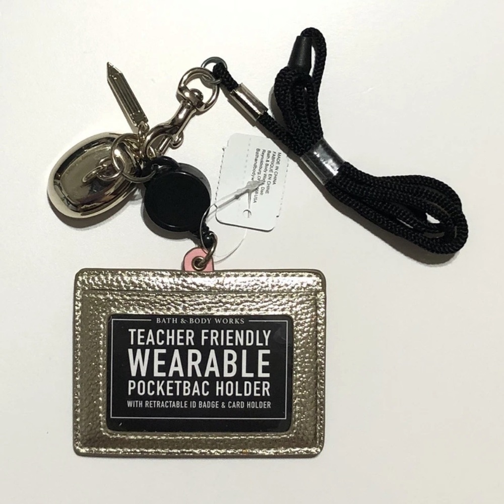 BATH & BODY WORKS GOLD POCKETBAC HOLDER Lanyard ID TAG TEACHER FRIENDLY